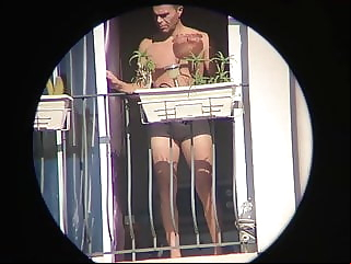 Neighbor strip tease at his window, undresses in public amateur (gay) big cock (gay) interracial (gay)